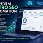 Adaptive SEO workflow showing keyword mapping, metadata optimization, and human review.