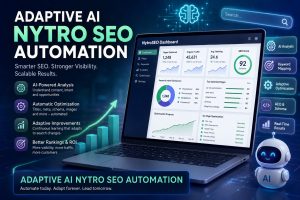 Adaptive SEO workflow showing keyword mapping, metadata optimization, and human review.