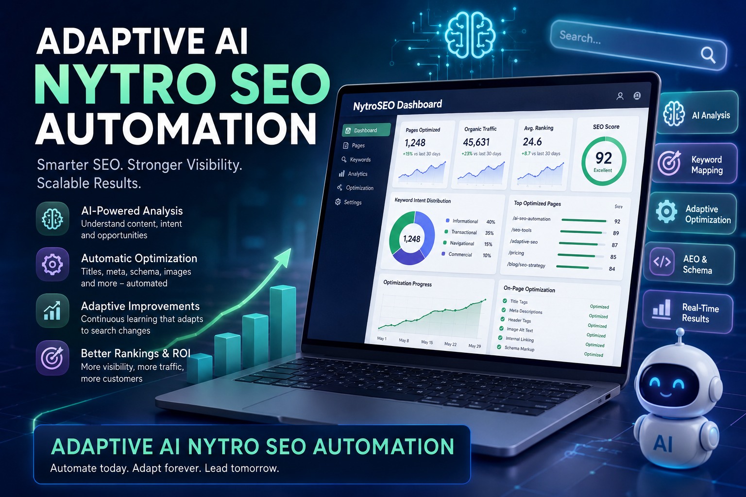 Adaptive SEO workflow showing keyword mapping, metadata optimization, and human review.