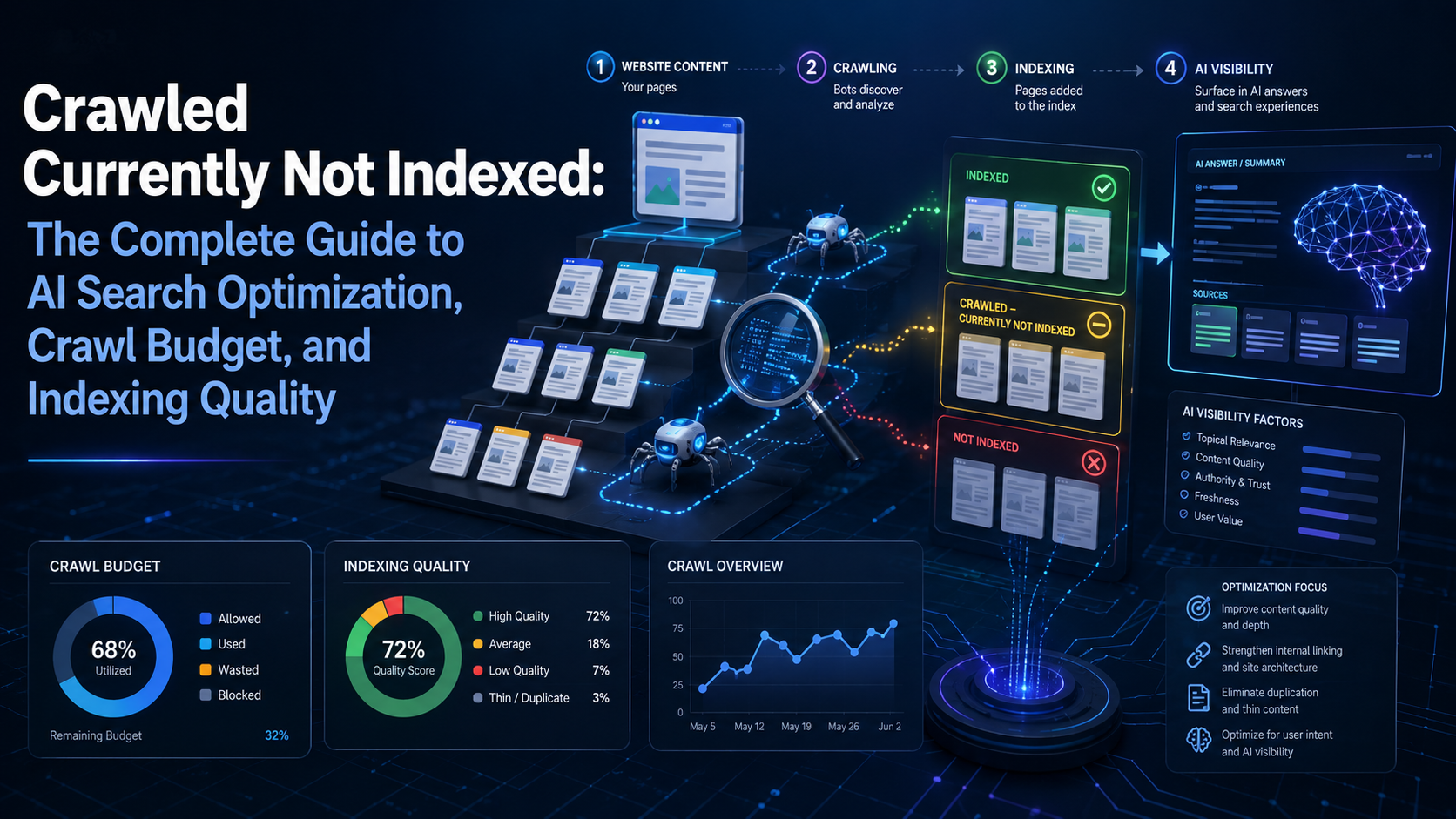 Crawled currently not indexed solution: complete guide to AI search optimization, crawl budget, and indexing quality.