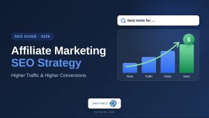 Affiliate marketing SEO strategy guide cover showing a search query rising through rankings, traffic and clicks into affiliate sales