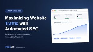 Maximizing website traffic with automated SEO — rising organic traffic dashboard with automated meta titles, descriptions, keywords and schema
