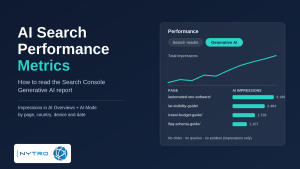 Search Console Generative AI report mock-up showing AI search performance metrics for AI Overviews and AI Mode