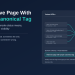 Several variant URLs of one page each carrying a canonical tag that points to a single indexed canonical URL, beside the Search Console status row