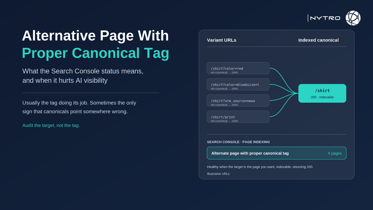 Several variant URLs of one page each carrying a canonical tag that points to a single indexed canonical URL, beside the Search Console status row