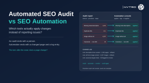 Side-by-side view of an automated SEO audit report listing issues and an SEO automation console showing the same issues resolved with a change log