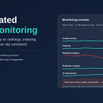 Automated SEO monitoring console showing five signal lanes for rankings, indexing, metadata, crawler access and AI impressions, with one lane raising an alert