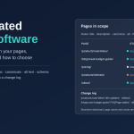 Automated SEO software dashboard showing a list of website pages with titles, descriptions, canonical tags and schema applied automatically and a change log