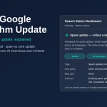 A Google Search Status Dashboard style incident card for a completed spam update marked ranking, global, all languages, rollout complete