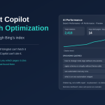 Bing Webmaster Tools AI Performance report mock-up showing total citations, cited pages and grounding queries for Microsoft Copilot