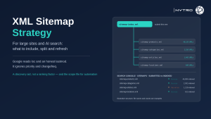 A sitemap index file branching into child sitemaps split by section, each listing canonical URLs with lastmod dates, beside the Search Console sitemaps report